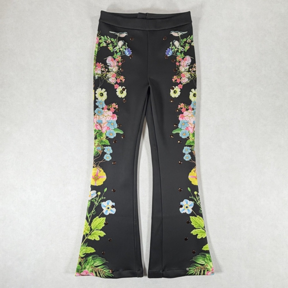 Cynthia Rowley Womens Black Floral Bird Studded Scuba Flare Pants Size 2